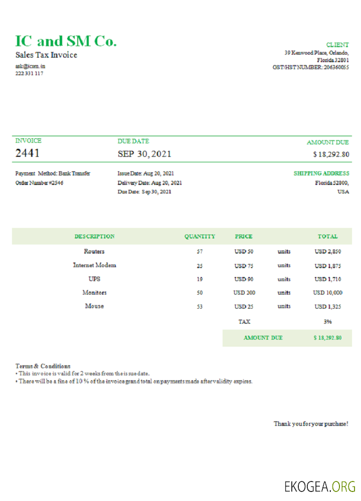 Facture USA IC et SM Co.